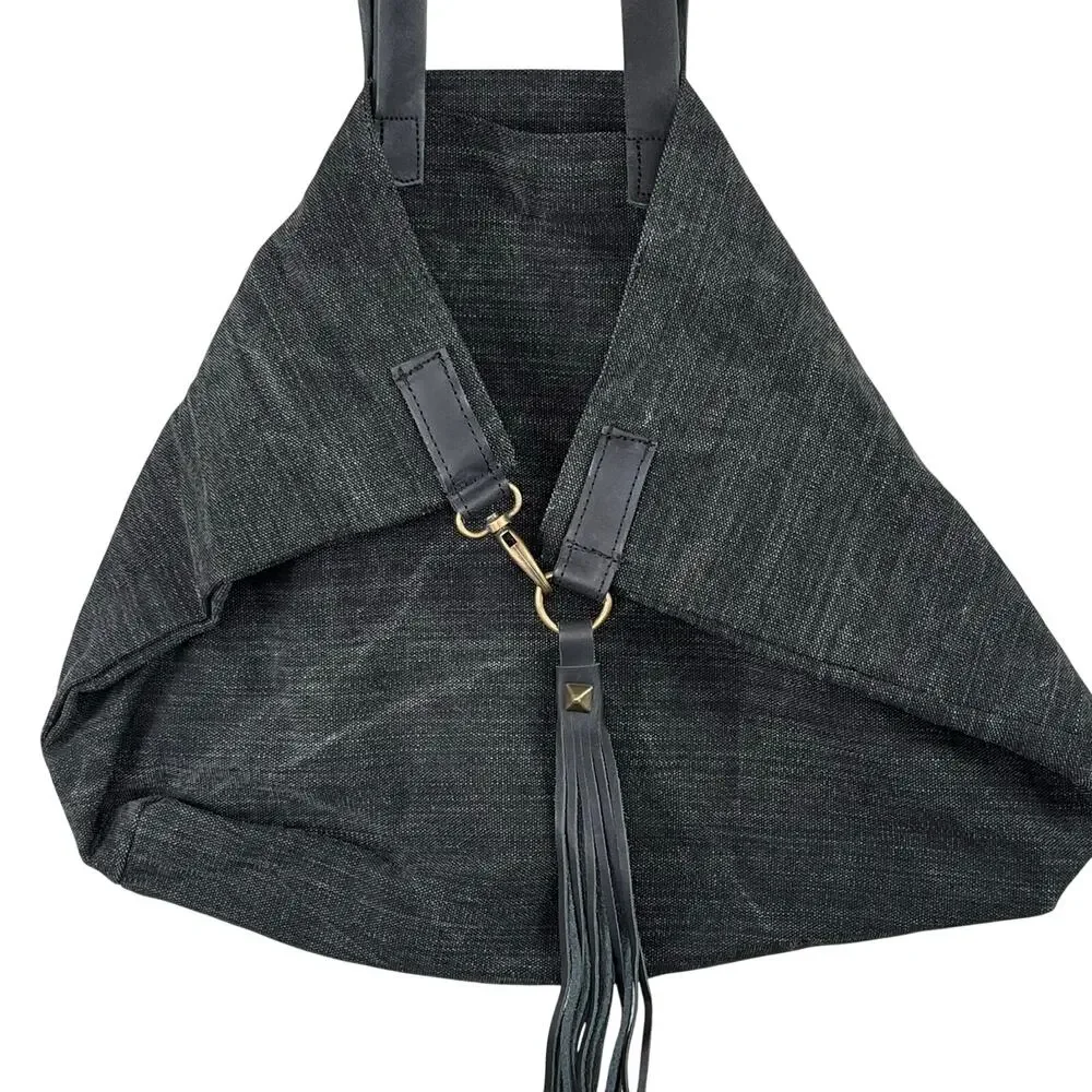 Lovestitch Black Waxed Canvas & Leather Millicent Hook Shoulder Tote Bag New